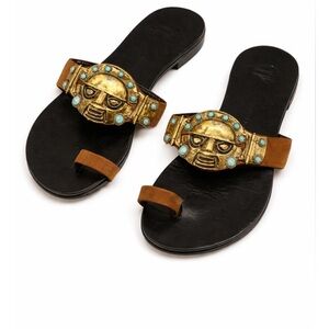 Giuseppe Zanotti Statement Sandals Leather Gold Mask Turquoise Stones 38 US 8.5